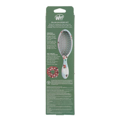 Wet detangler kit packaging back panel with brush and scrunchie details