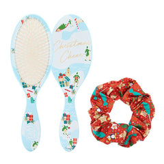 Holiday detangling brush set with red patterned scrunchie and two light-blue brushes