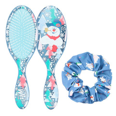 Wet Brush Frosty detangler brushes with scrunchie, blue and teal snowman pattern.