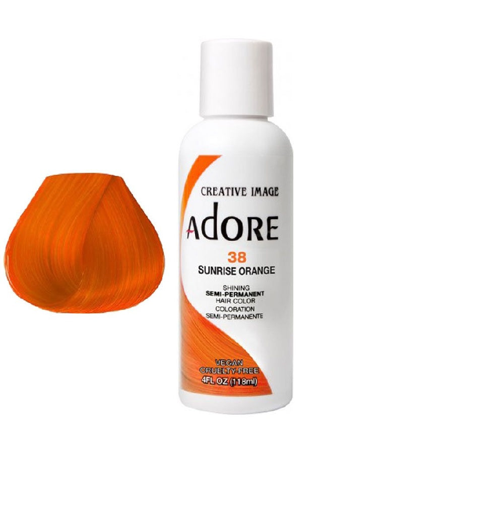 Semi-permanent hair dye bottle with orange Sunrise Orange shade and orange hair swatch