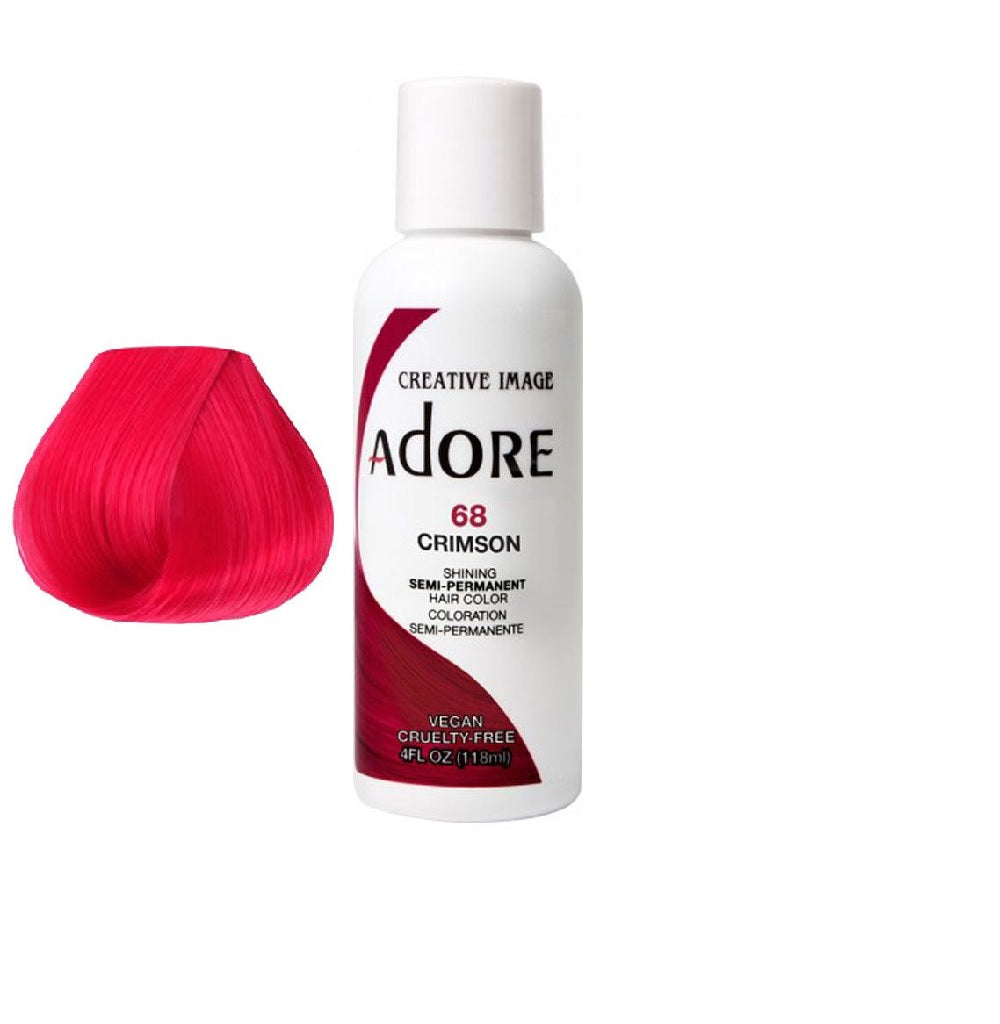ADORE hair color bottle with crimson 68 shade swatch