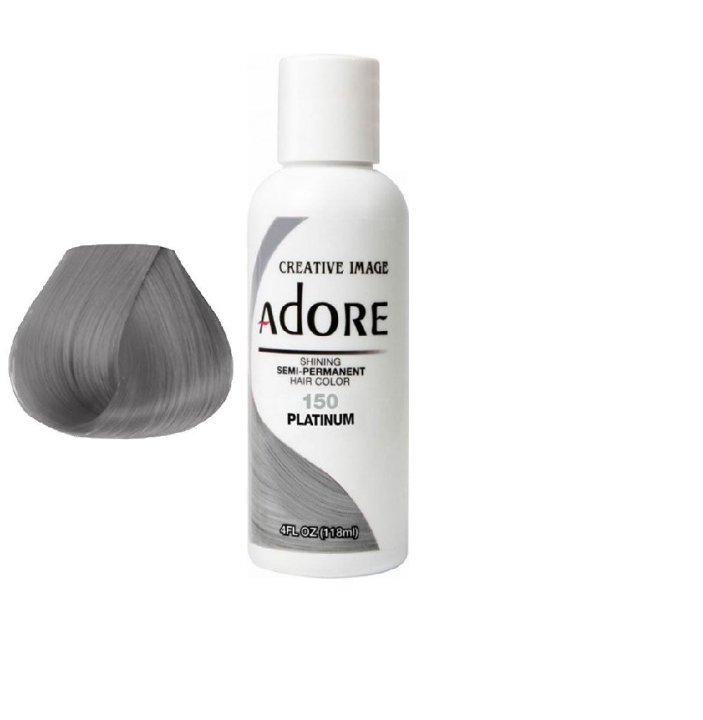 Platinum hair colorant bottle with white cap, ADORE label, Creative Image 150