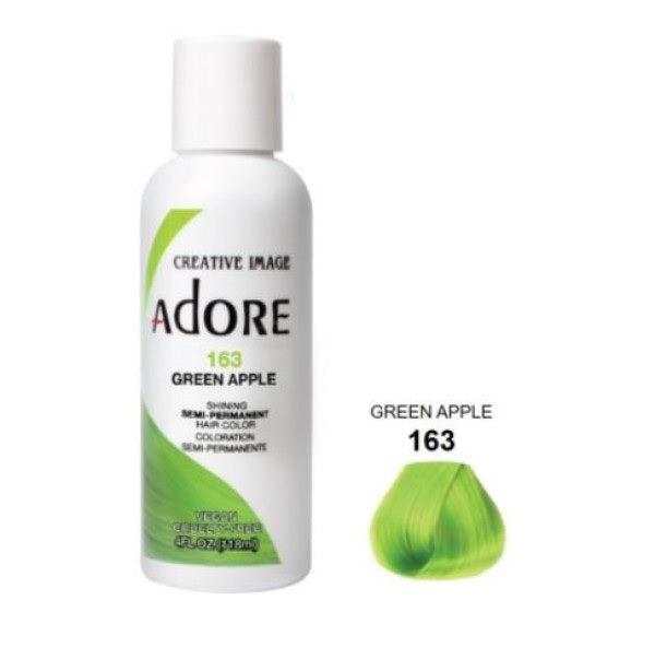 ADORE Green Apple hair color cream, bottle with green apple shade swatch, 163.