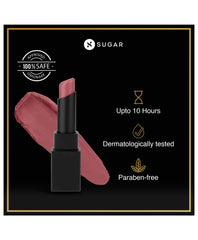 SUGAR Nothing Else Matter longwear lipstick box with rose mauve lipstick and smear