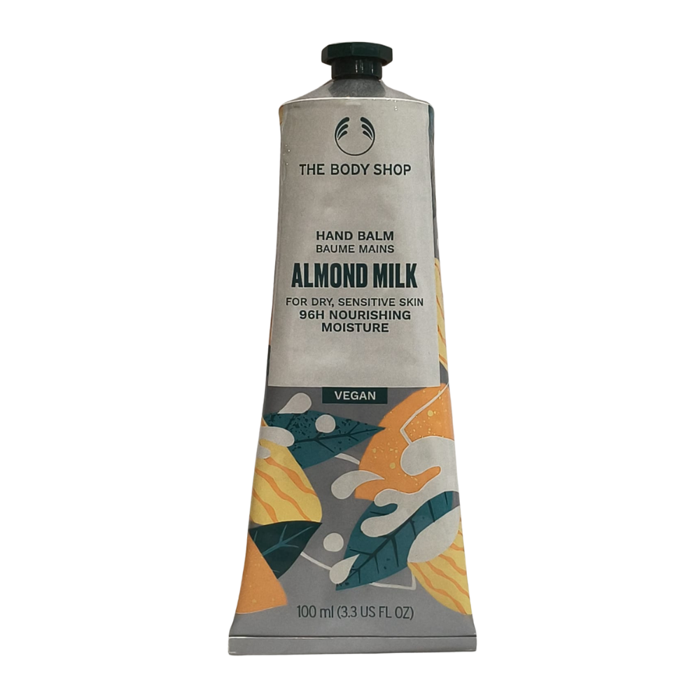 Hand balm tube in matte gray with almond milk label and black cap, 100 ml
