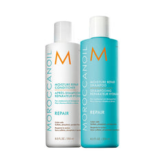 Moroccanoil Repair shampoo and conditioner bottles, turquoise and white, 250 ml