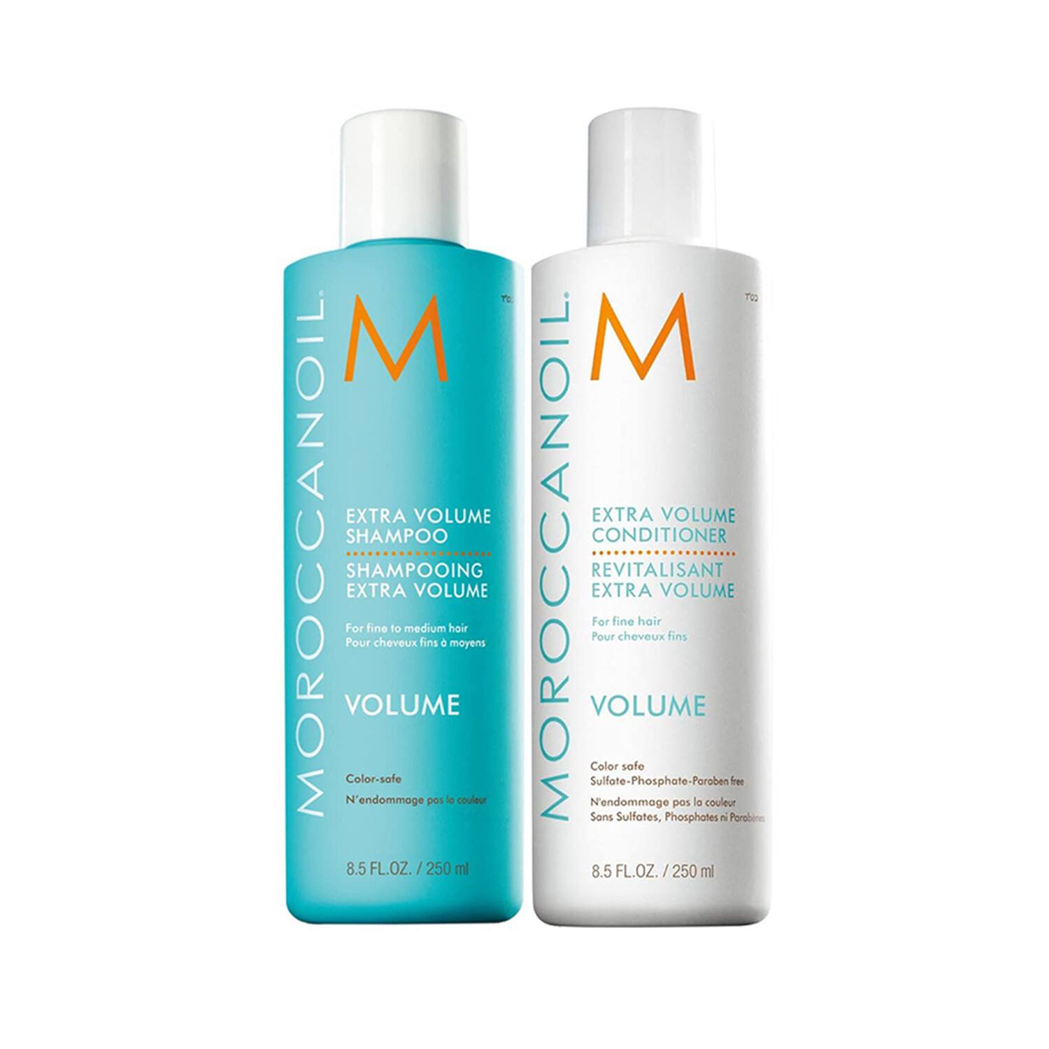 Moroccanoil Extra Volume shampoo and conditioner bottles, turquoise and white labels