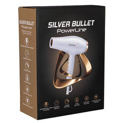 Hair dryer retail box with Silver Bullet PowerLine branding and white dryer graphic