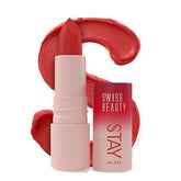 Swiss Beauty Stay All Day liquid lipstick, shade 10 Foxy, with red swatch
