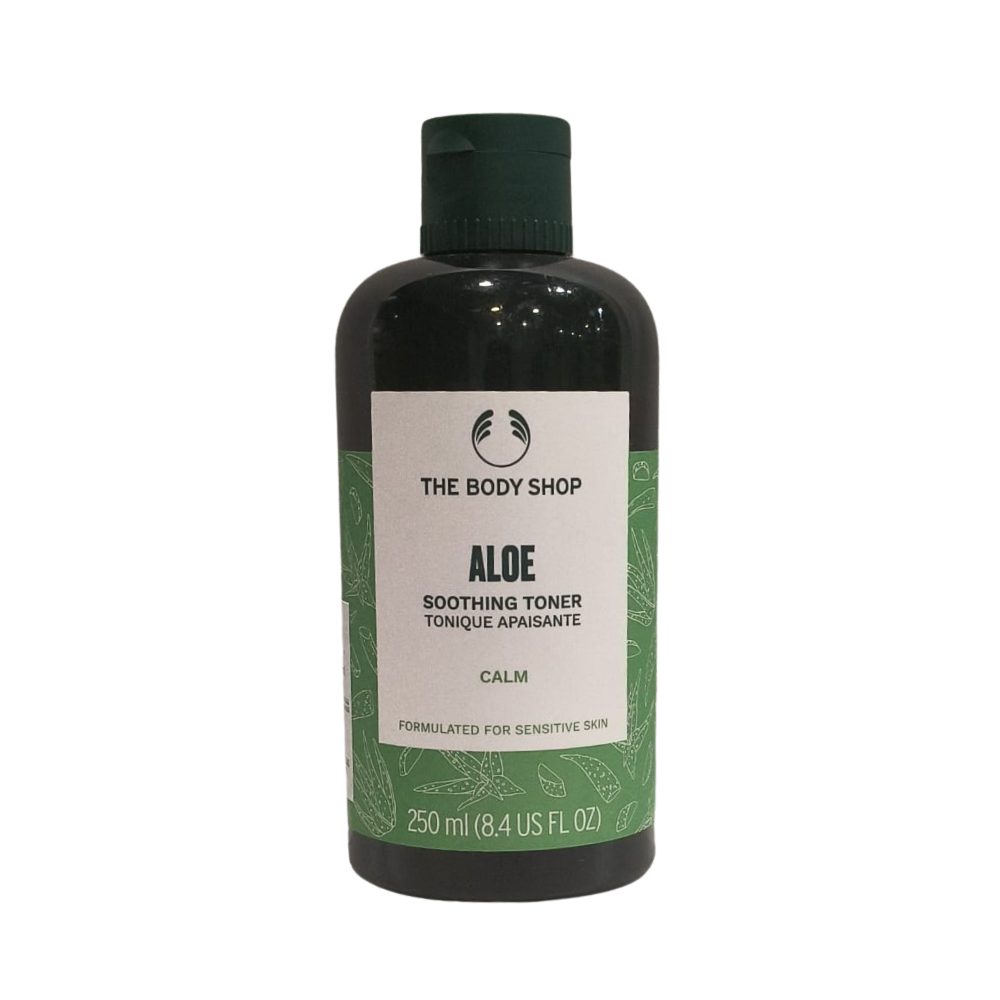 Aloe soothing toner bottle with black cap and green label, 250 ml