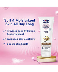 Chicco baby cream tube with text about deep hydration and soft, moisturized skin