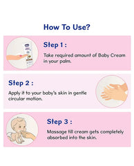 Chicco baby cream shown with step-by-step application instructions, Step 1–3