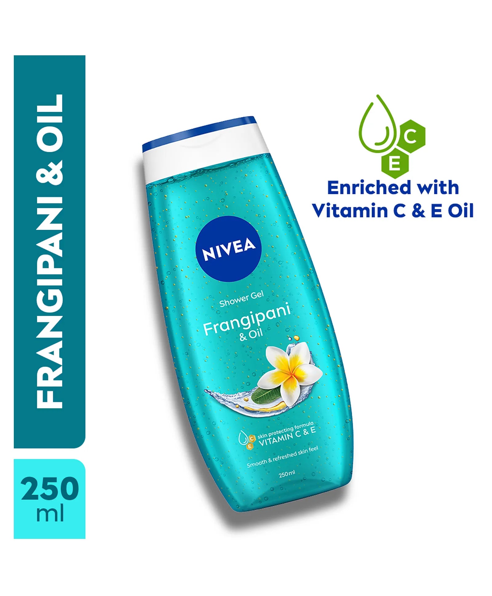 NIVEA Frangipani & Oil shower gel bottle, teal with white cap, 250 ml