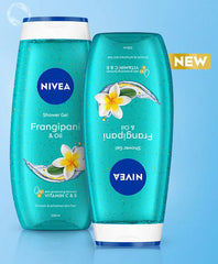 NIVEA Frangipani & Oil shower gel bottles, two-pack with teal bottles