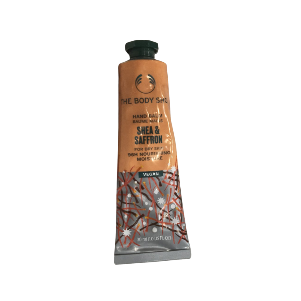 Hand balm tube, brown with dark cap, The Body Shop Shea & Saffron, 30 ml