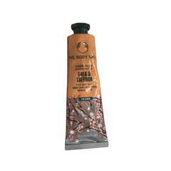 Hand balm tube, brown with dark cap, The Body Shop Shea & Saffron, 30 ml