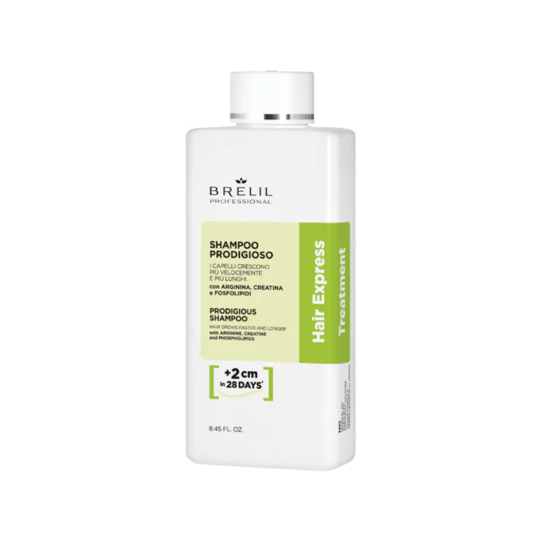 Brelil Hair Express Shampoo Prodigioso bottle, white plastic with green label