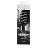 Curved vented paddle hairbrush with black velvet cushion and porcupine bristles