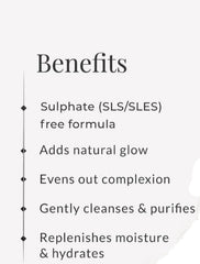 Benefits panel for facial cleanser: sulphate-free formula, gentle cleansing, hydrates.