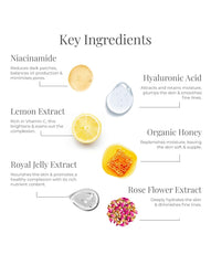 Key ingredients panel for facial cleanser: niacinamide, lemon extract, rose extract.