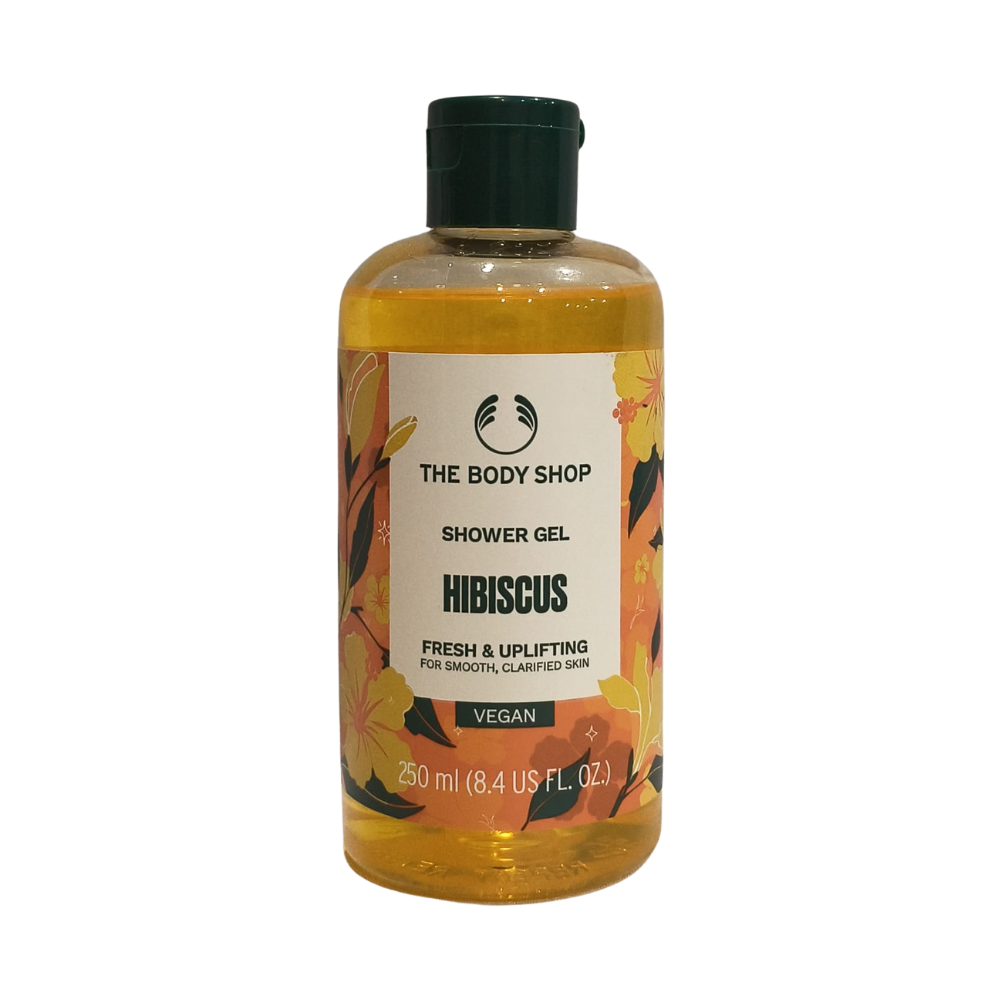 The Body Shop hibiscus shower gel bottle, amber liquid, black cap, 250 ml