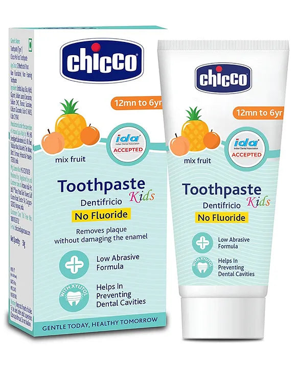 Chicco kids toothpaste, mix fruit flavor, no fluoride, low abrasive formula—tube and box