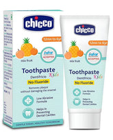 Chicco kids toothpaste, mix fruit flavor, no fluoride, low abrasive formula—tube and box