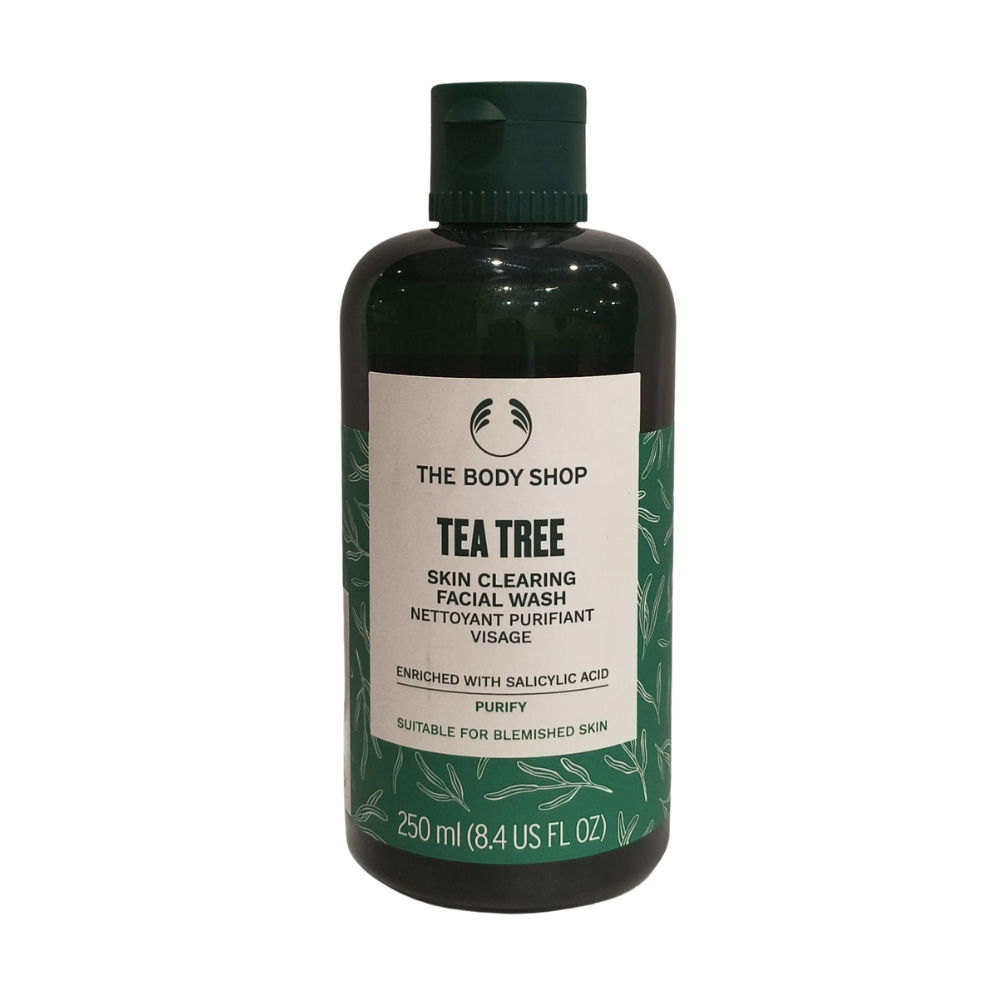The Body Shop tea tree facial wash bottle, 250 ml, dark green cap