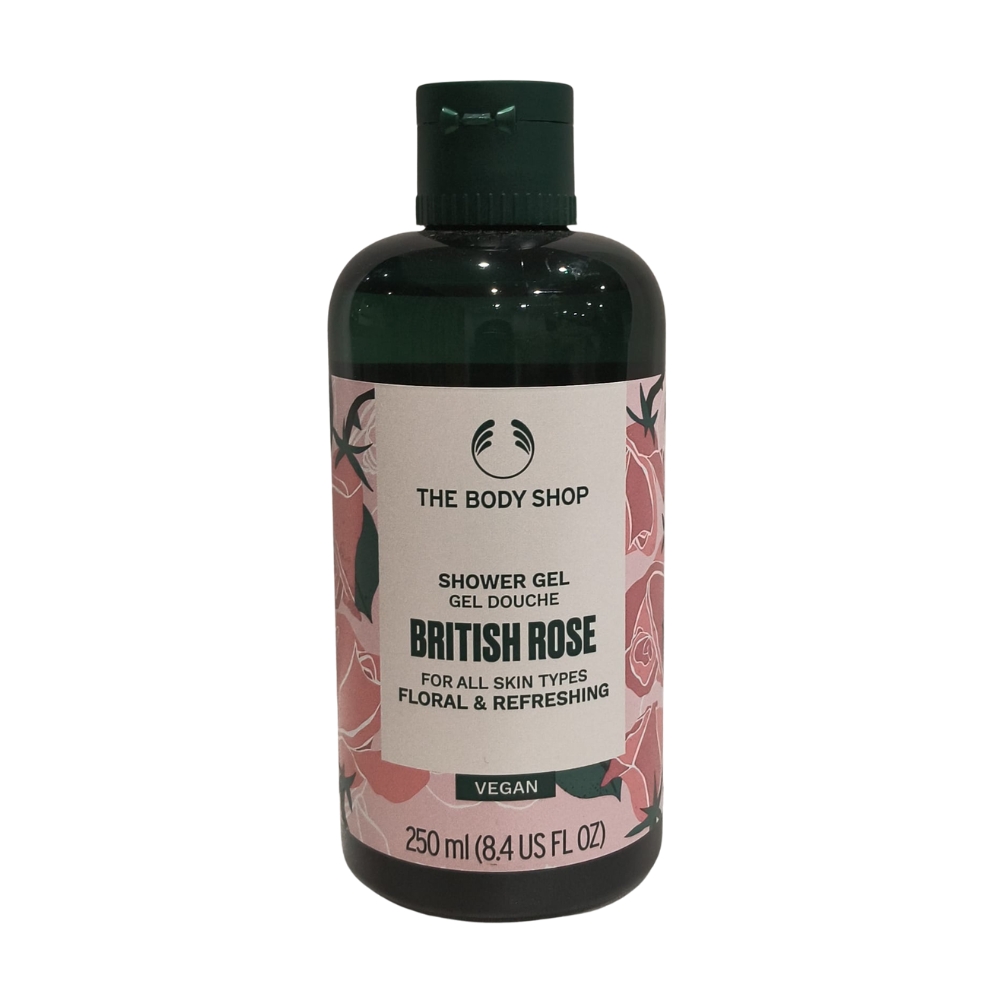 The Body Shop British Rose shower gel, dark green bottle with black cap, 250 ml