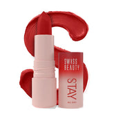 Swiss Beauty Stay All Day Liquid Lipstick, red shade with swatch and tube.
