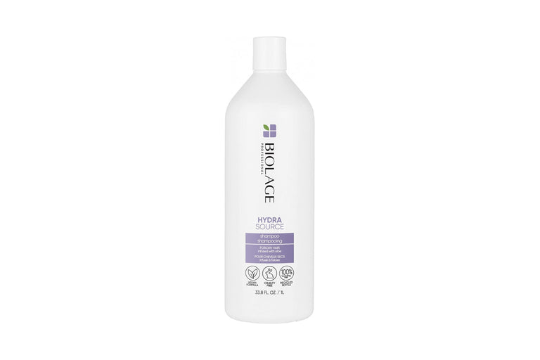 Biolage Hydrasource shampoo bottle, white plastic with flip-top lid