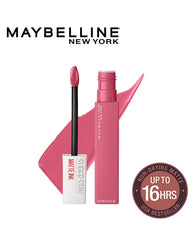 Liquid matte ink lipstick with applicator, pink tube, and 16h badge