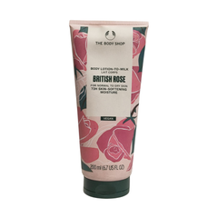 Lotion-to-milk tube with British Rose floral design, 200 ml; dark green base cap.