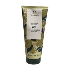 The Body Shop olive nourishing body lotion, squeeze tube, 200 mL.