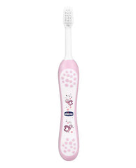 Pink kids toothbrush handle with bee character print and bristle detail