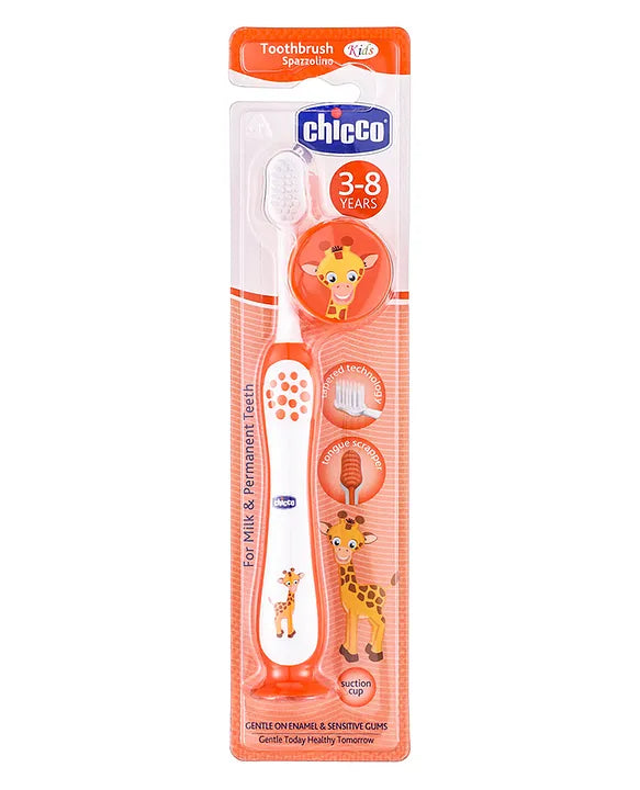 Orange toothbrush with soft bristles and giraffe print, shown in retail package