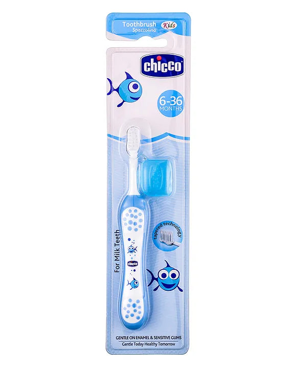 Kids blue fish-print toothbrush with ultra-soft bristles, retail package
