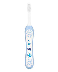 Blue fish-print kids toothbrush with extra-soft bristles