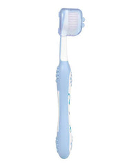 Blue fish-print kids toothbrush, side view with soft bristle head
