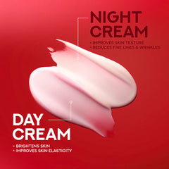 Day and night cream infographic with swirled cream hand swatch