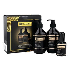 Argan oil gift pack with dark pump bottles, shown in a boxed set