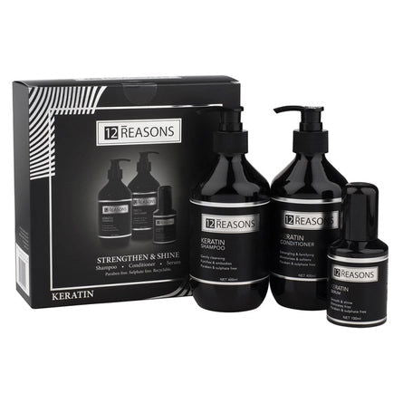 Keratin Strengthen & Shine gift set with pump bottles, in a box