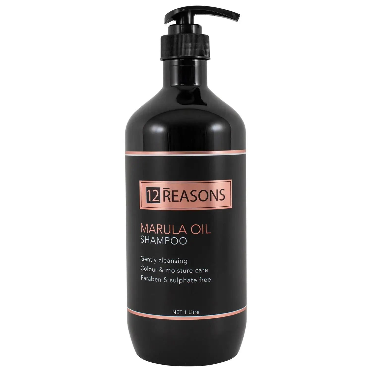 Marula oil shampoo bottle with black pump, 12REASONS label