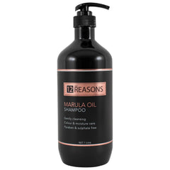 Marula oil shampoo bottle with black pump, 12REASONS label