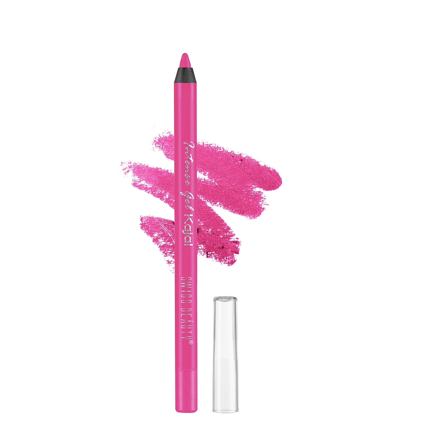 Electric pink gel kajal pencil with cap and bright pink smudge swatch