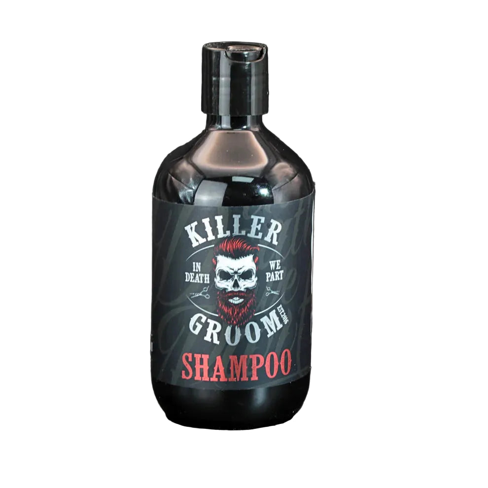 Killer Groom shampoo bottle 500 ml, black bottle with silver cap and Killer Groom label