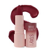 Swiss Beauty liquid lipstick, maroon shade 12 Juicy, with applicator and swatch