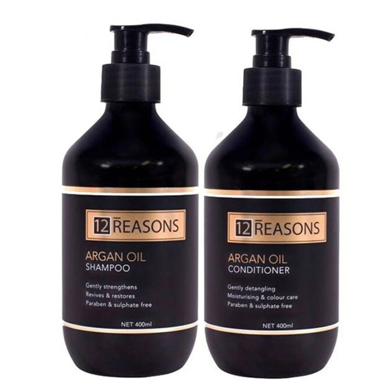Argan oil shampoo and conditioner bundle, two black pump bottles, 400ml each