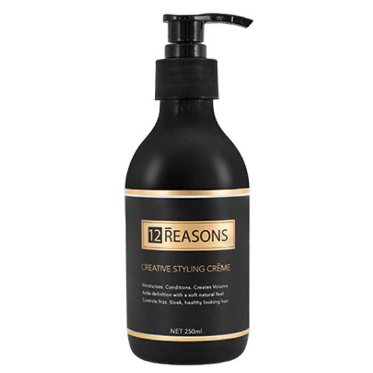 12 REASONS creative styling creme pump bottle, black with gold label, 250 ml