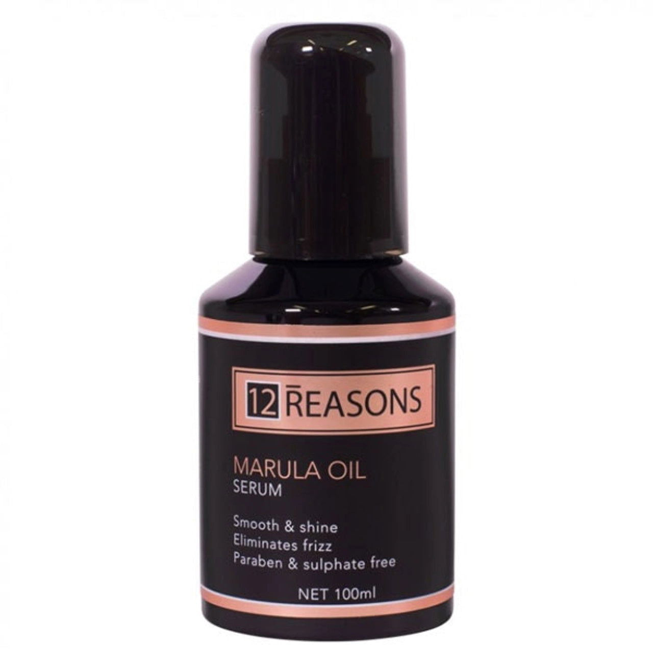 Marula oil serum bottle with black pump cap and 12 REASONS label, 100 ml